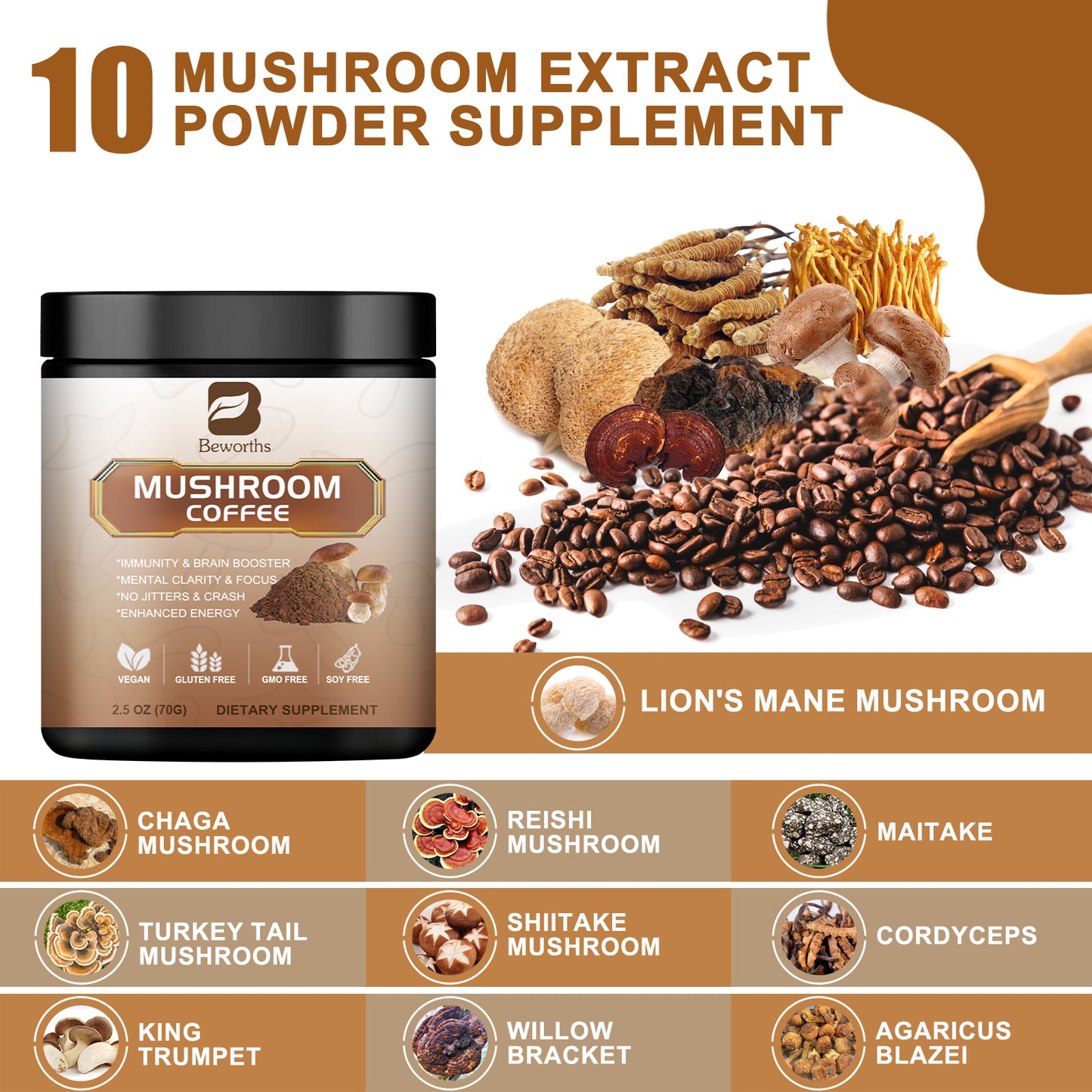 Mushroom Coffee 10-in-1: Boost Memory & Digestion