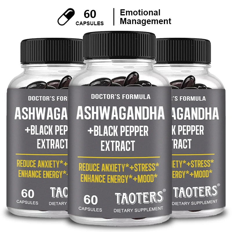 Ashwagandha & Black Pepper Capsules, Natural Adaptogen Supplement, Support Calm Mood, Focus, Daily Energy & Body Wellness