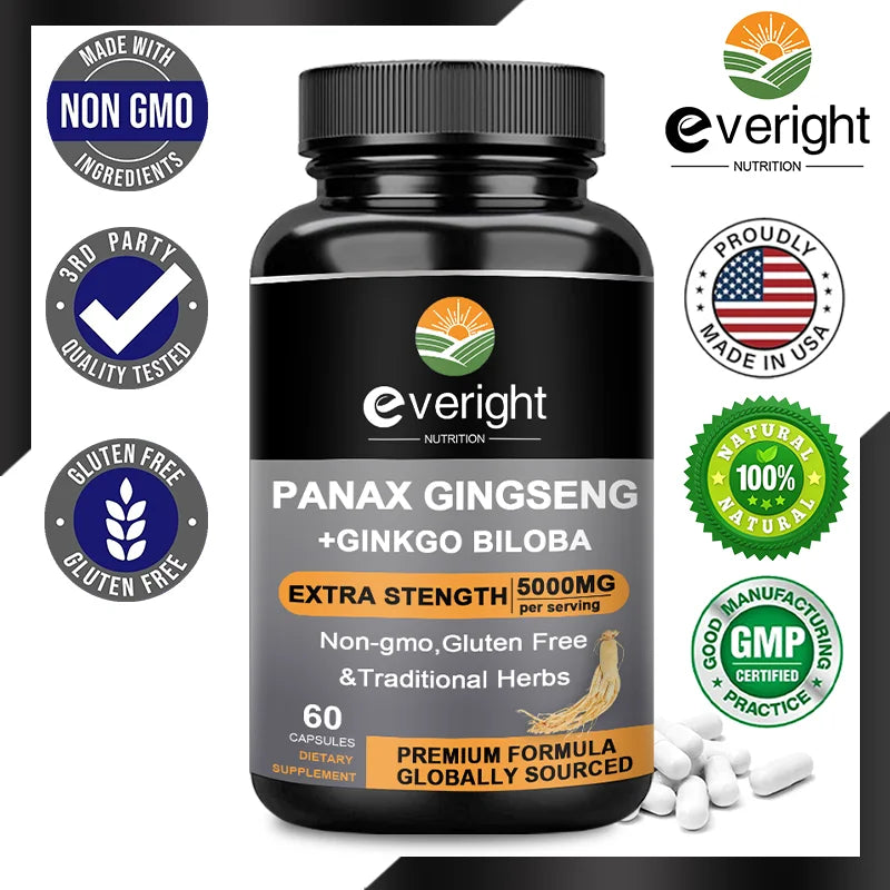 Ginkgo Biloba & Panax Ginseng Supplement Natural High Strength for Men Vitality Energy Performance, Brain Memory Focus - Non GMO