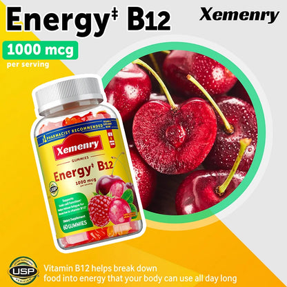 Vitamin B12 Gummies - Reduces Fatigue, Energy Production, Supports The Nervous System, Brain, Heart Health, Brain Cell Function