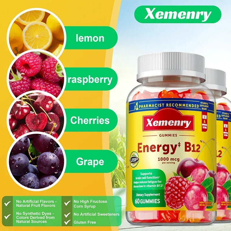 Vitamin B12 Gummies - Reduces Fatigue, Energy Production, Supports The Nervous System, Brain, Heart Health, Brain Cell Function