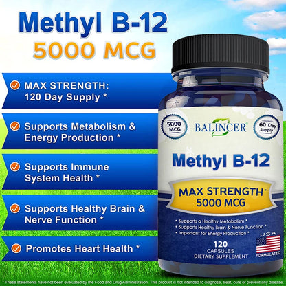Balincer Vitamin B12 Capsules - Supports Energy Metabolism, Mood, Heart, Nervous System Support, Supports Brain Cell Function