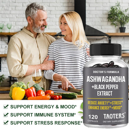 Ashwagandha & Black Pepper Capsules, Natural Adaptogen Supplement, Support Calm Mood, Focus, Daily Energy & Body Wellness