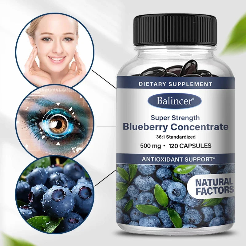 Brain Supplement: Blueberry Capsules 500mg - Brain, Heart & Eye Health Boost