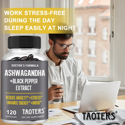 Ashwagandha & Black Pepper Capsules, Natural Adaptogen Supplement, Support Calm Mood, Focus, Daily Energy & Body Wellness