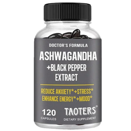 Ashwagandha & Black Pepper Capsules, Natural Adaptogen Supplement, Support Calm Mood, Focus, Daily Energy & Body Wellness