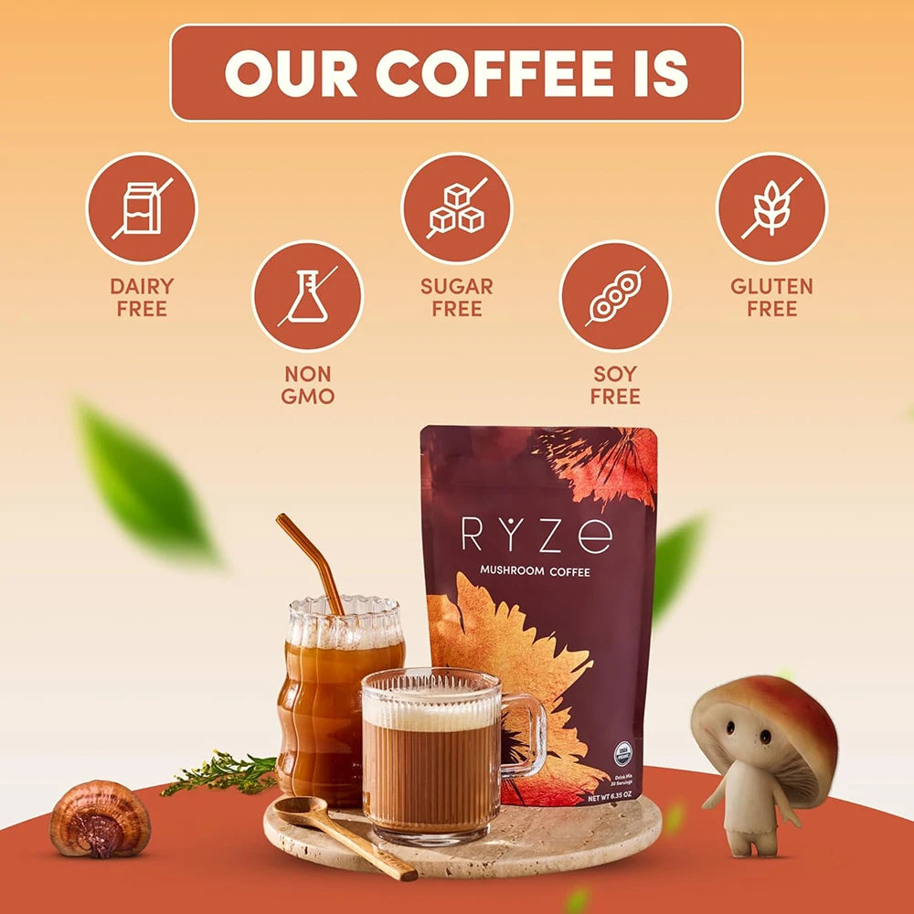 Organic Mushroom Powder Supplement for Coffee & Smoothies 6-in-1 Blend with Lions Mane Reishi Chaga for Brain & Immune Support