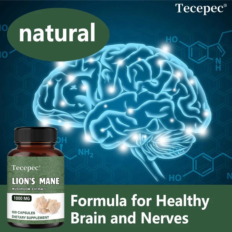 Organic Lion's Mane Mushroom Extract Capsules, Nootropic Support for Focus Memory Mood Sleep & Immune Wellness, Stress Relief