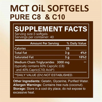 MCT Oil Softgels - Supports Energy, Focus and Mental Clarity, Weight Management, Improves Digestion, Brain Supplement