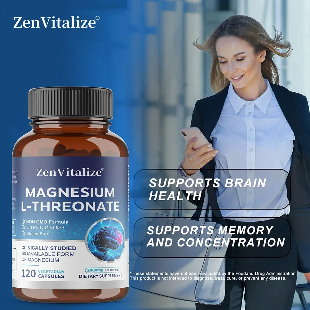 Magnesium L-Threonate - 2000 Mg, Supports Memory, Focus, and Brain Function, Supports Quality of Sleep, 120 Capsules