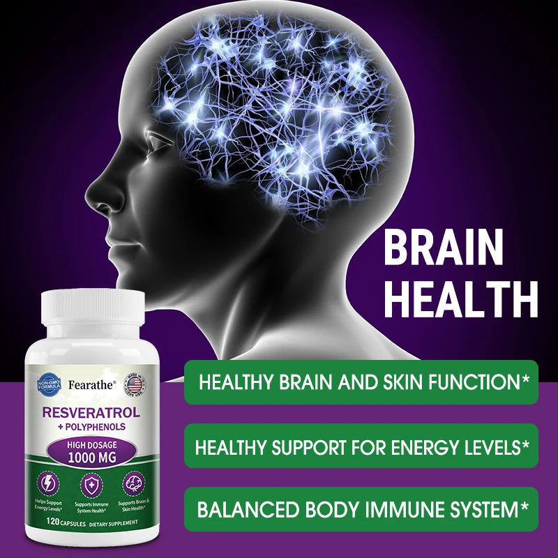 Extra Strength Resveratrol, Antioxidant Supplement, Anti-Aging, Heart Health, Immune System & Brain Function, Non-GMO