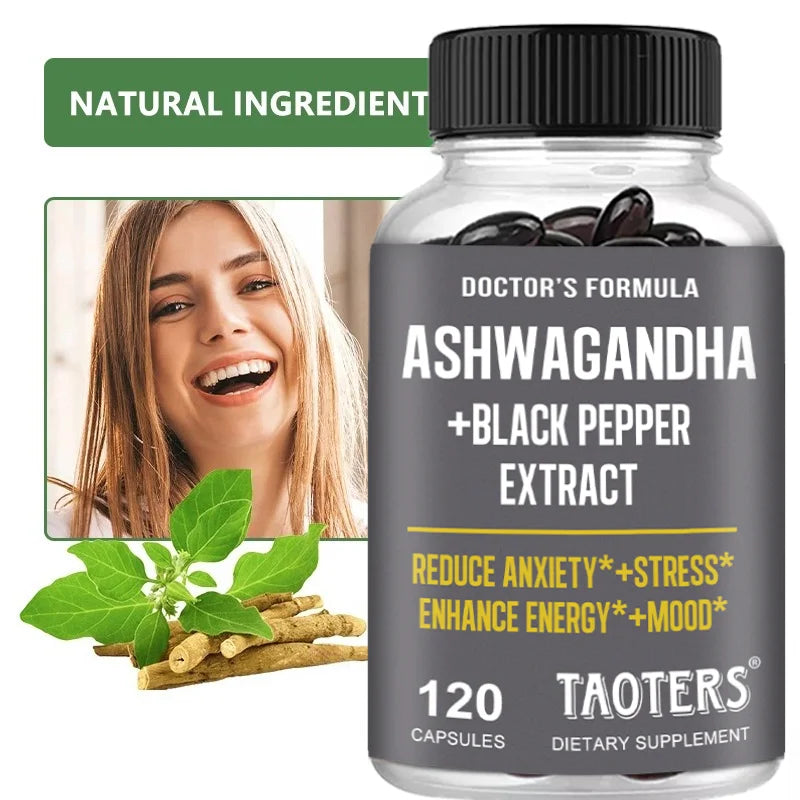 Ashwagandha & Black Pepper Capsules, Natural Adaptogen Supplement, Support Calm Mood, Focus, Daily Energy & Body Wellness