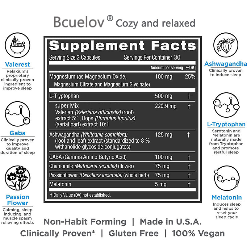 Bcuelov Natural Sleep Supplement - Helps Fall Asleep Faster and Relieves Stress