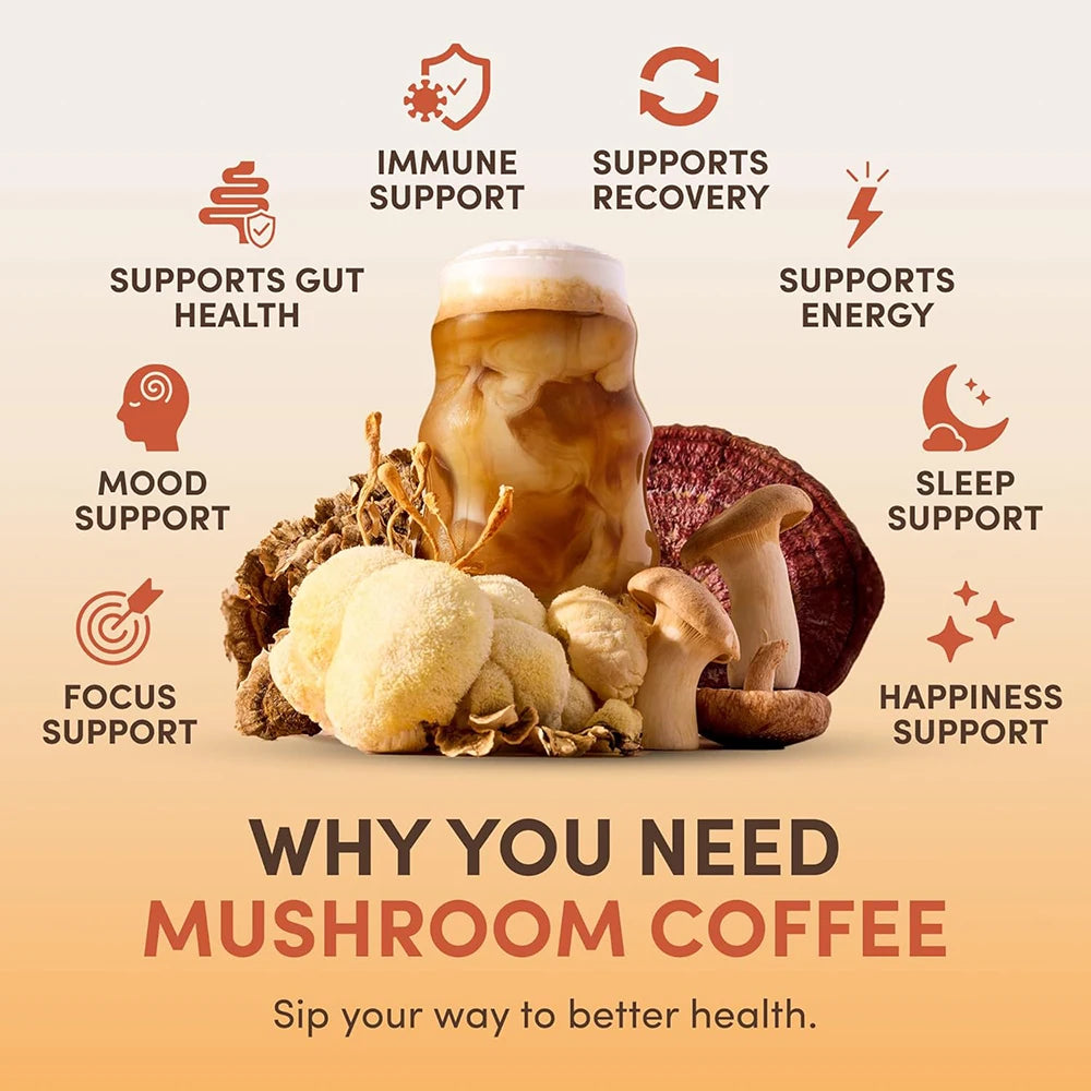 Organic Mushroom Powder Supplement for Coffee & Smoothies 6-in-1 Blend with Lions Mane Reishi Chaga for Brain & Immune Support