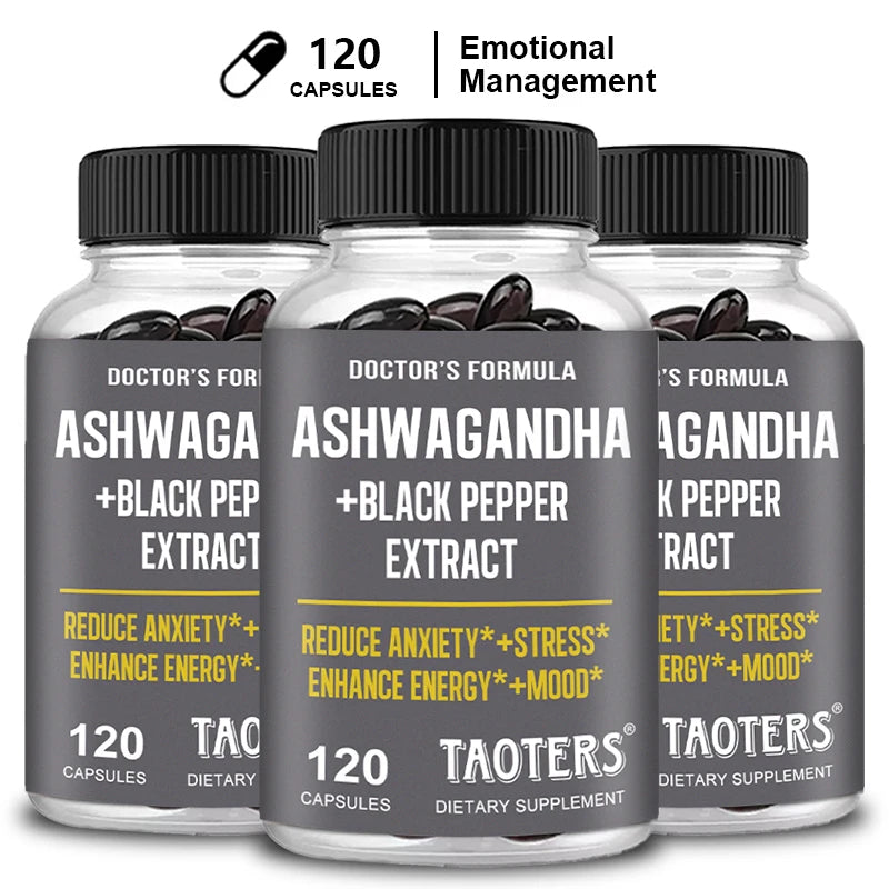 Ashwagandha & Black Pepper Capsules, Natural Adaptogen Supplement, Support Calm Mood, Focus, Daily Energy & Body Wellness