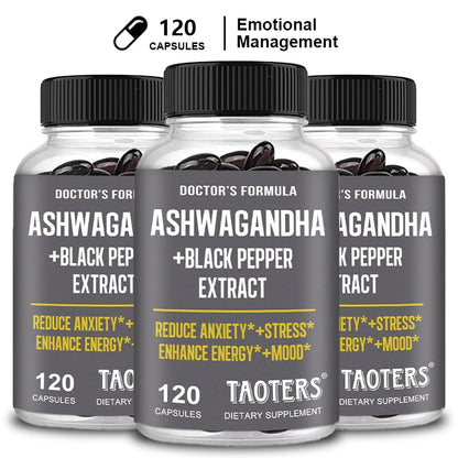 Ashwagandha & Black Pepper Capsules, Natural Adaptogen Supplement, Support Calm Mood, Focus, Daily Energy & Body Wellness