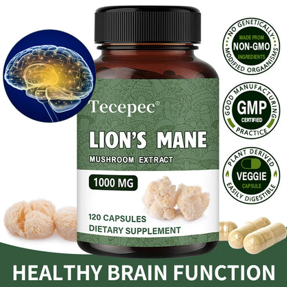 Organic Lion's Mane Mushroom Extract Capsules, Nootropic Support for Focus Memory Mood Sleep & Immune Wellness, Stress Relief
