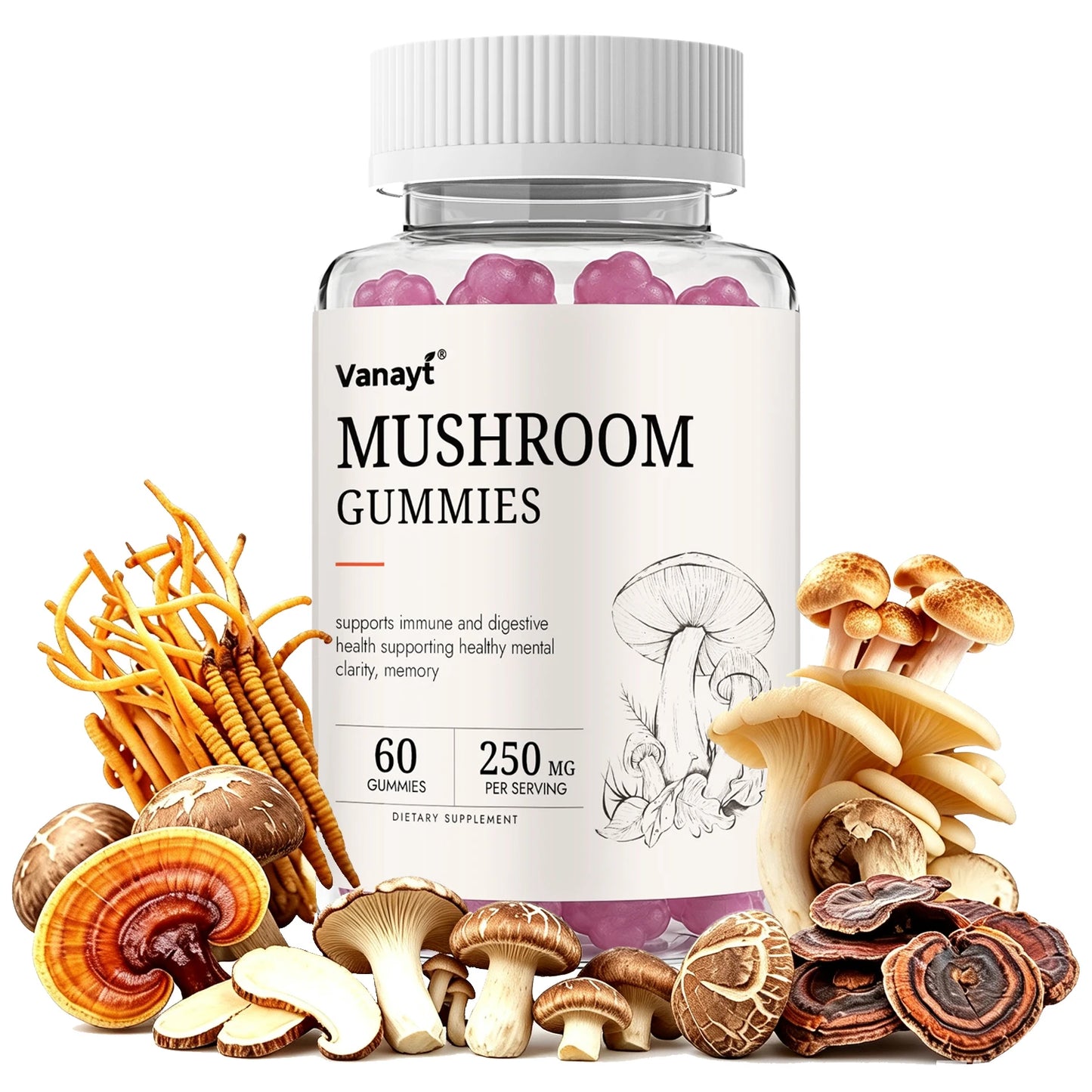 250mg Mushroom Super Blend Complex - Brain Nervous System Health and Memory Supplements Immunity Sleep Energy Mood Support