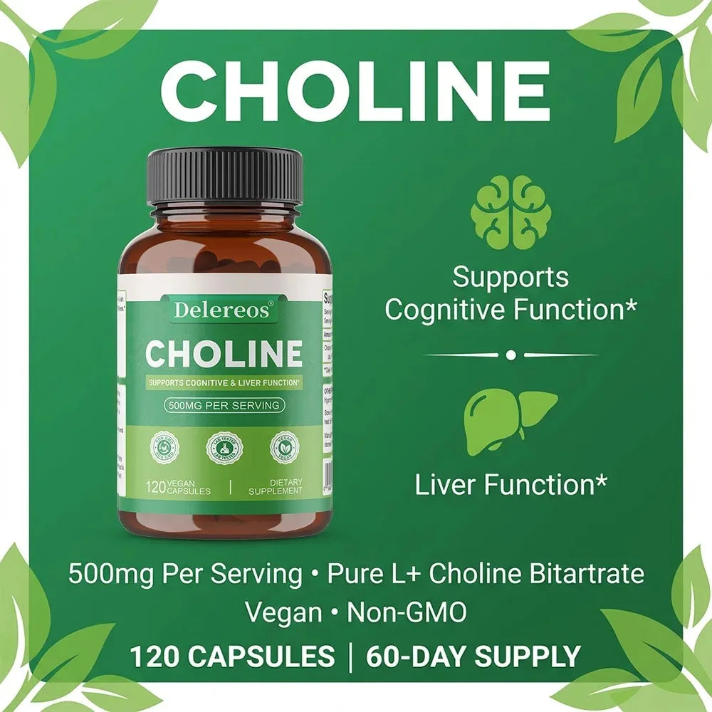 Choline, 500 Mg Per Serving, 120 Capsules | Supports Memory & Focus, Liver Function and Mental Clarity for Women and Men