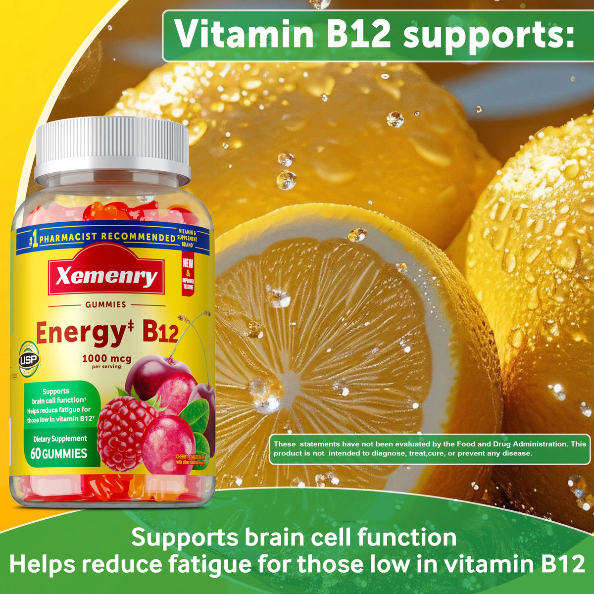 Vitamin B12 Gummies - Reduces Fatigue, Energy Production, Supports The Nervous System, Brain, Heart Health, Brain Cell Function