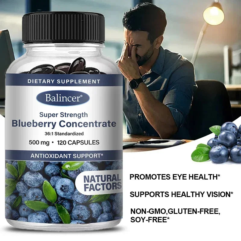 Brain Supplement: Blueberry Capsules 500mg - Brain, Heart & Eye Health Boost