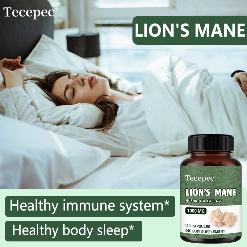 Organic Lion's Mane Mushroom Extract Capsules, Nootropic Support for Focus Memory Mood Sleep & Immune Wellness, Stress Relief