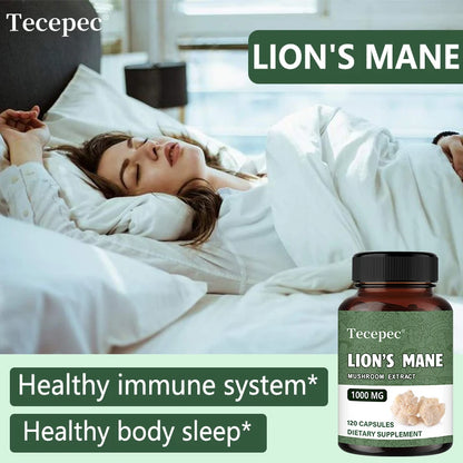 Organic Lion's Mane Mushroom Extract Capsules, Nootropic Support for Focus Memory Mood Sleep & Immune Wellness, Stress Relief
