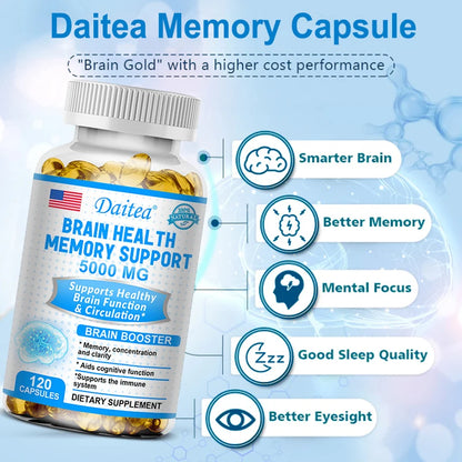 Brain Health Nootropic Capsules 5000mg, Boost Memory Focus & Clarity, Cognitive Function & Blood Circulation, Mental Performance