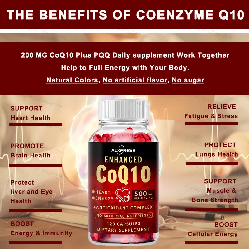 CoQ10 Capsules Support Energy Production Heart Brain Liver eye Health Fatigue and Stress Relief Energy and Immunity Enhancement