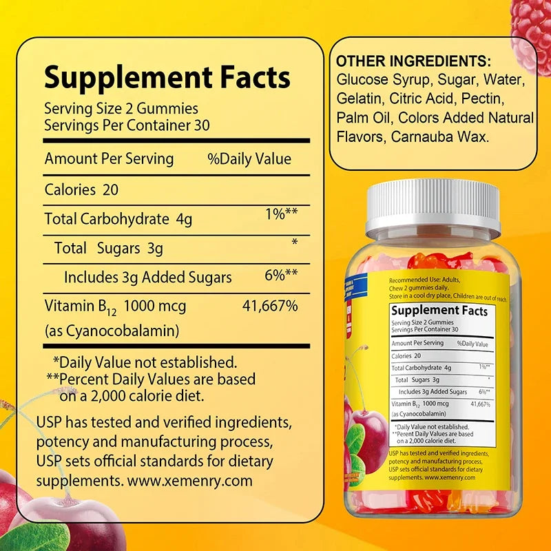 Vitamin B12 Gummies - Reduces Fatigue, Energy Production, Supports The Nervous System, Brain, Heart Health, Brain Cell Function