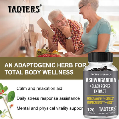 Ashwagandha & Black Pepper Capsules, Natural Adaptogen Supplement, Support Calm Mood, Focus, Daily Energy & Body Wellness