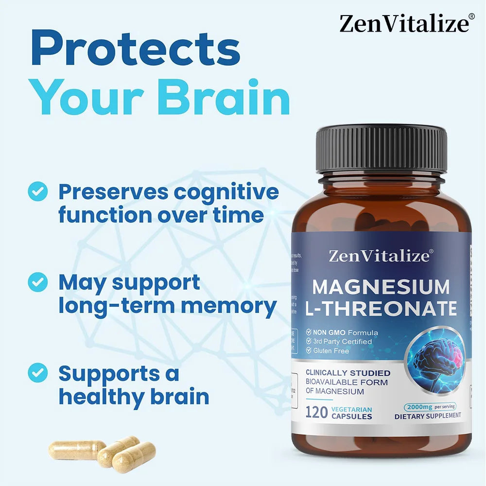 Magnesium L-Threonate - 2000 Mg, Supports Memory, Focus, and Brain Function, Supports Quality of Sleep, 120 Capsules