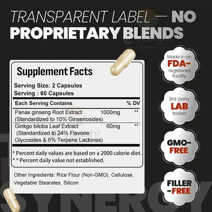Ginkgo Biloba & Panax Ginseng Supplement Natural High Strength for Men Vitality Energy Performance, Brain Memory Focus - Non GMO