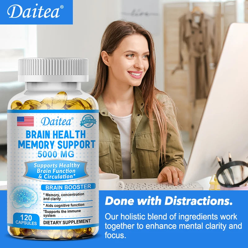 Brain Health Nootropic Capsules 5000mg, Boost Memory Focus & Clarity, Cognitive Function & Blood Circulation, Mental Performance