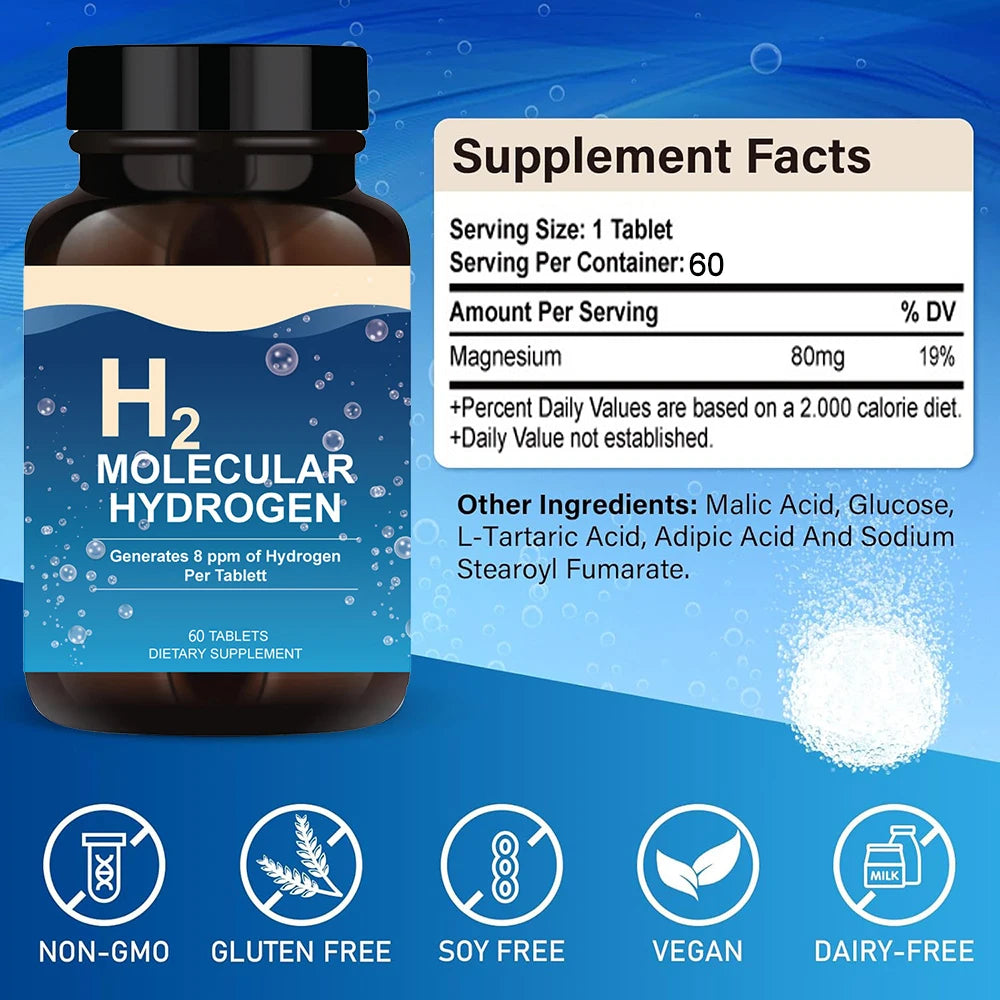 H2 Molecular Hydrogen 60 Tablets - Supports Healthy Aging, Cellular Energy & Brain Health - with Elemental Magnesium - GMO-Free