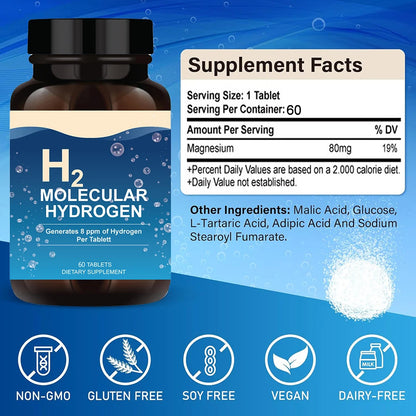 H2 Molecular Hydrogen 60 Tablets - Supports Healthy Aging, Cellular Energy & Brain Health - with Elemental Magnesium - GMO-Free