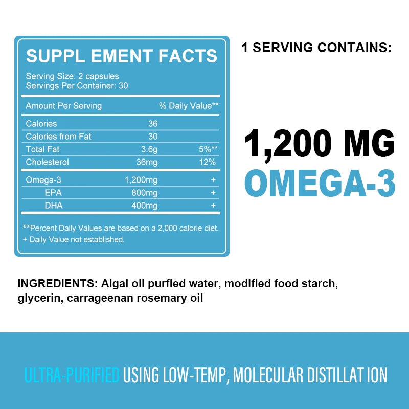 1200mg Vegan OVEGA-3 Plant-Based Omega-3 from Algal Oil Daily Supplement, Rich DHA & EPA, Supports Brain, Eye & Heart Health