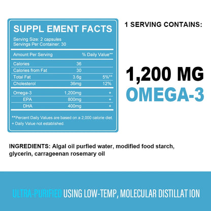 1200mg Vegan OVEGA-3 Plant-Based Omega-3 from Algal Oil Daily Supplement, Rich DHA & EPA, Supports Brain, Eye & Heart Health