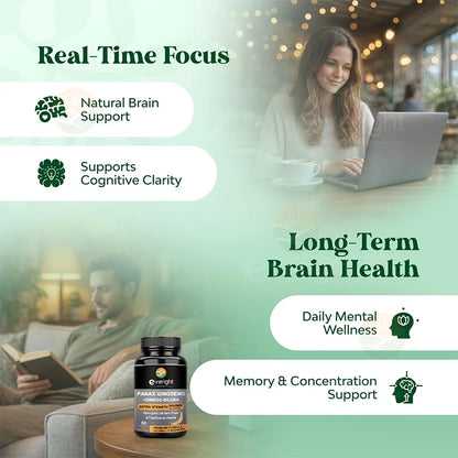 Ginkgo Biloba & Panax Ginseng Supplement Natural High Strength for Men Vitality Energy Performance, Brain Memory Focus - Non GMO