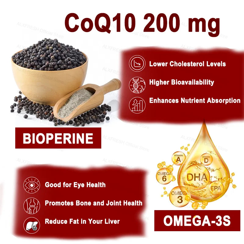 CoQ10 Capsules Support Energy Production Heart Brain Liver eye Health Fatigue and Stress Relief Energy and Immunity Enhancement