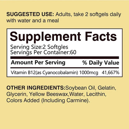 Vitamin B12 - for Mood, Brain, Nervous System, Energy, Metabolism, Relieve Fatigue, Heart Health