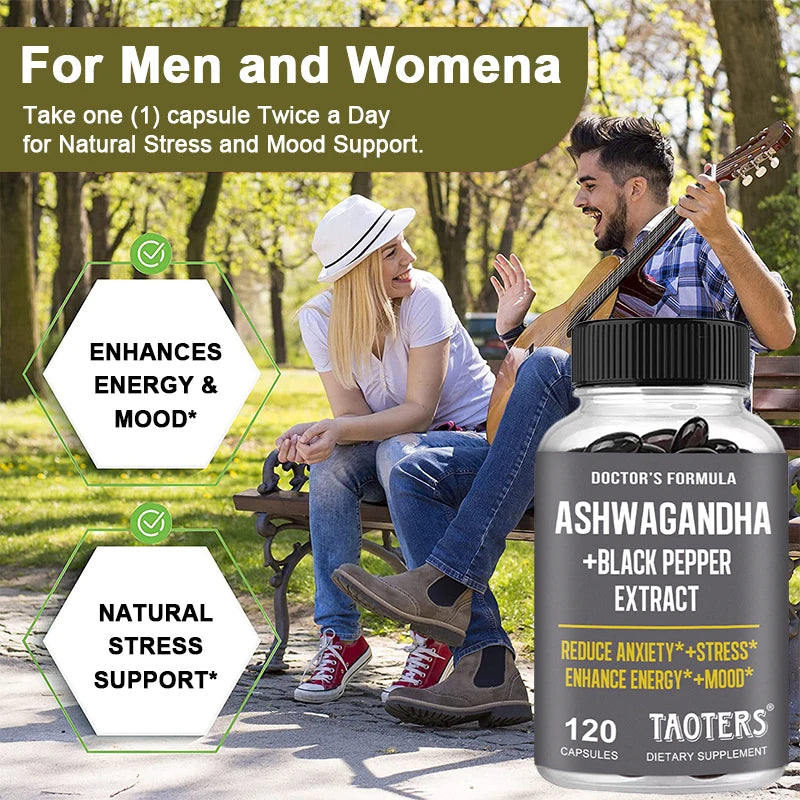 Ashwagandha & Black Pepper Capsules, Natural Adaptogen Supplement, Support Calm Mood, Focus, Daily Energy & Body Wellness