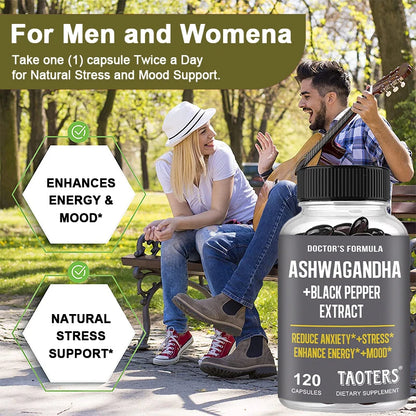 Ashwagandha & Black Pepper Capsules, Natural Adaptogen Supplement, Support Calm Mood, Focus, Daily Energy & Body Wellness