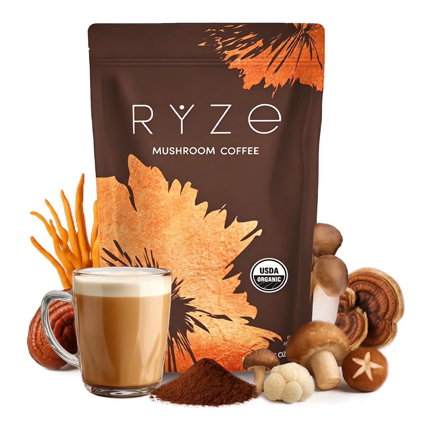 Organic Mushroom Powder Supplement for Coffee & Smoothies 6-in-1 Blend with Lions Mane Reishi Chaga for Brain & Immune Support