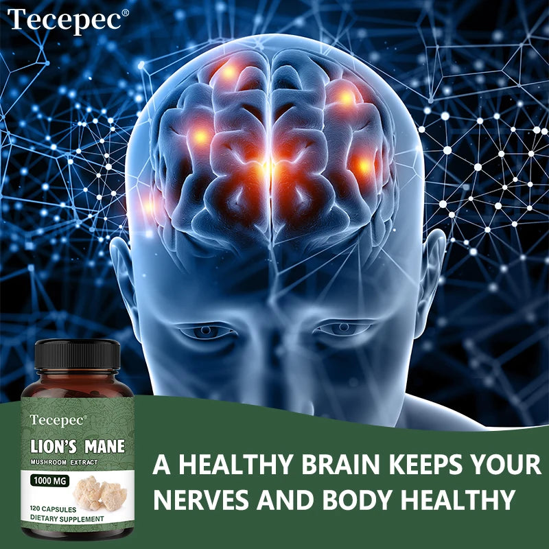 Organic Lion's Mane Mushroom Extract Capsules, Nootropic Support for Focus Memory Mood Sleep & Immune Wellness, Stress Relief