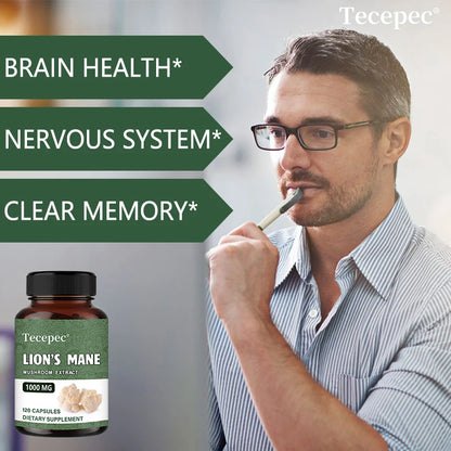 Organic Lion's Mane Mushroom Extract Capsules, Nootropic Support for Focus Memory Mood Sleep & Immune Wellness, Stress Relief
