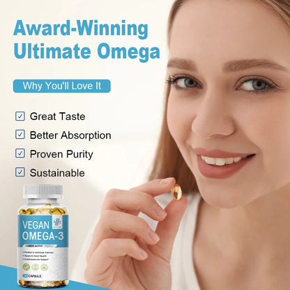1200mg Vegan OVEGA-3 Plant-Based Omega-3 from Algal Oil Daily Supplement, Rich DHA & EPA, Supports Brain, Eye & Heart Health