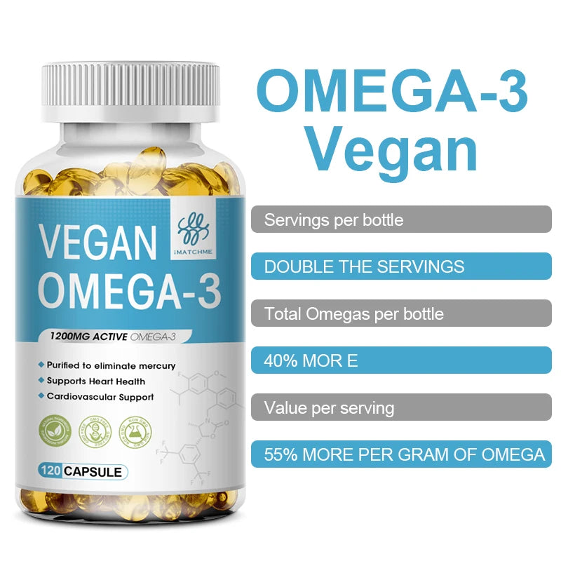 1200mg Vegan OVEGA-3 Plant-Based Omega-3 from Algal Oil Daily Supplement, Rich DHA & EPA, Supports Brain, Eye & Heart Health