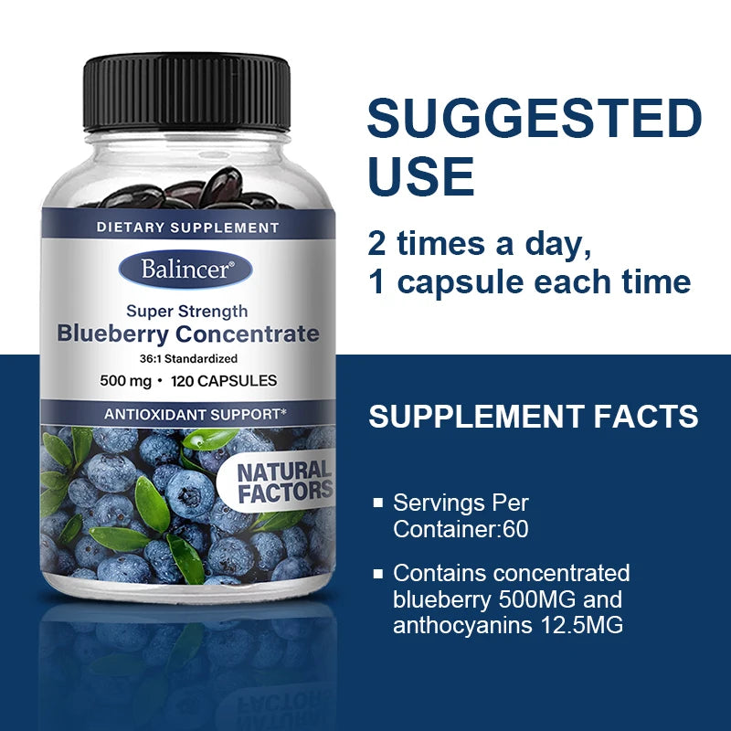Blueberry Capsules - 500 Mg, Good for The Brain, Heart Health, Eye Care, Antioxidant, Promotes Smooth Skin- 120 Capsules