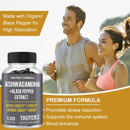 Ashwagandha & Black Pepper Capsules, Natural Adaptogen Supplement, Support Calm Mood, Focus, Daily Energy & Body Wellness